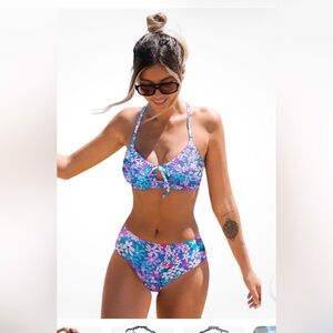 Cupshe Arty Petals Shirred Bralette & Mid Rise Blue Bikini Set Size XL, NWT